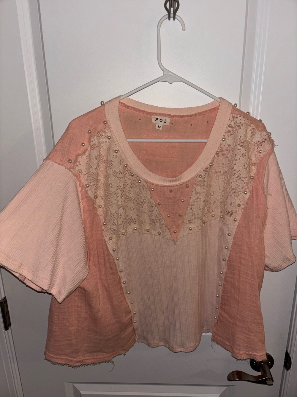POL Peach & Light Pink Lace-Trim Short Sleeve Top